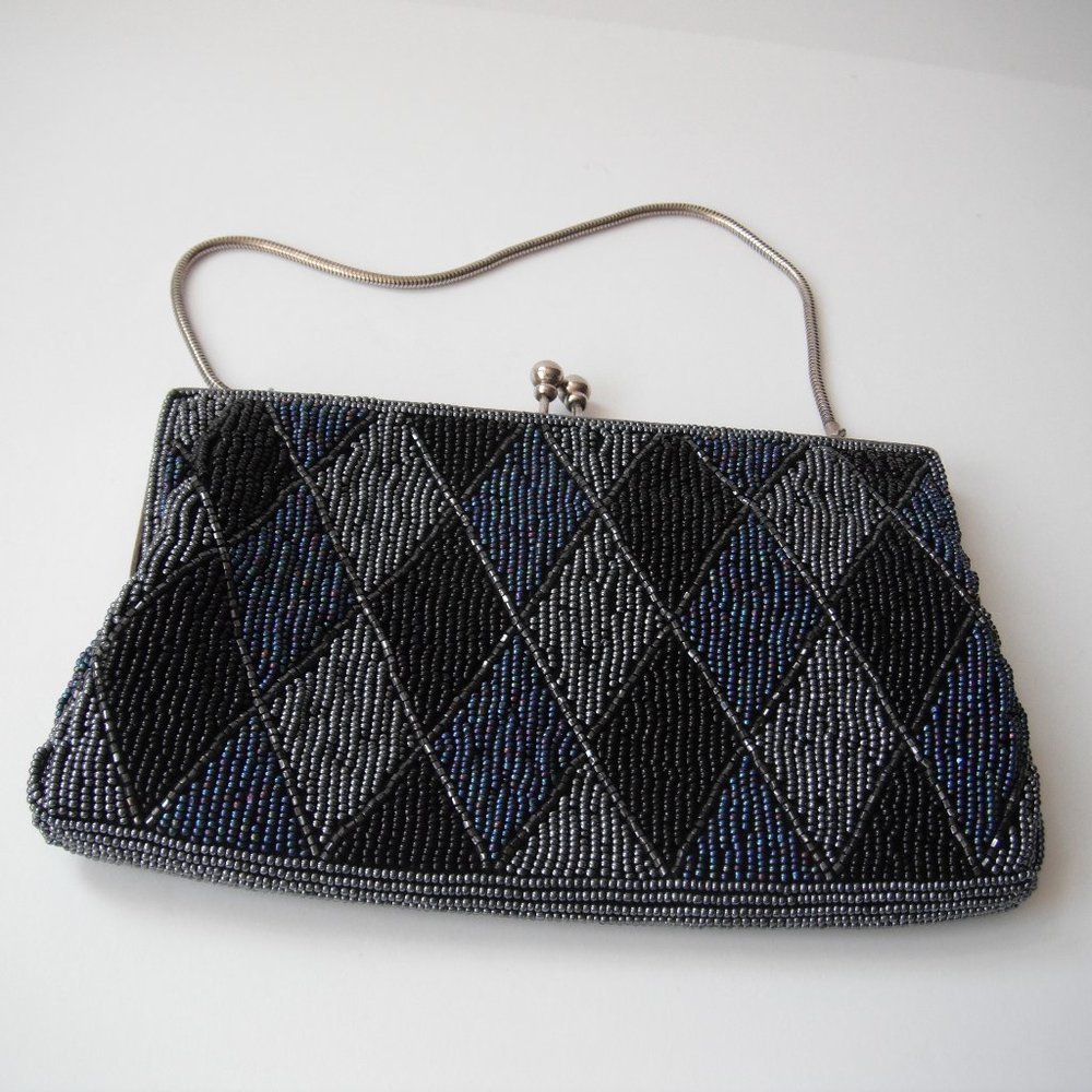 Vintage Beaded Black/Gray/Blue Clutch Evening Purse Hong Kong